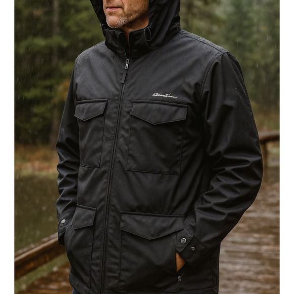 Eddie Bauer Jacket Travex Black Full Zip Hooded Hiking Cargo Men's TL Large Tall - Picture 1 of 12